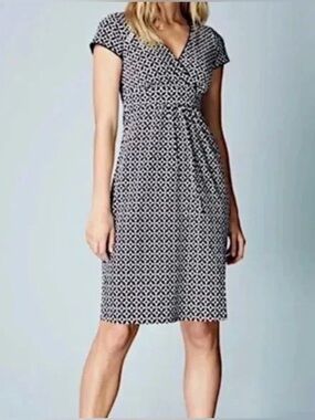 Boden Midi Faux Wrap Dress Cap Sleeve Geometric Print Size 10 Long Jersey Navy